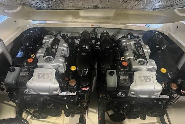 Slide: The Image of Twin V8 engines in a 2021 Chris-Craft Corsair 34 boat. - 26
