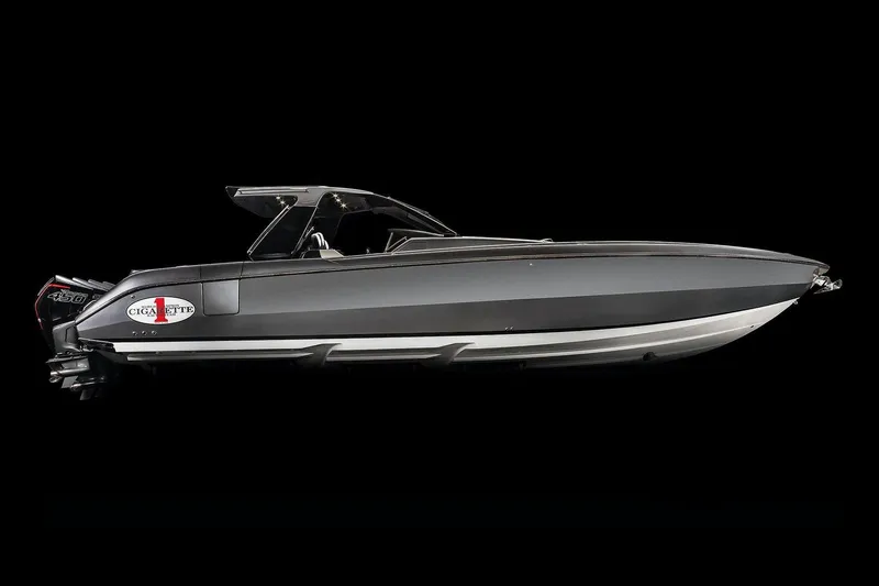Slide: The Image of 2025 Cigarette 42 Auroris speedboat, side view, black background. - 3