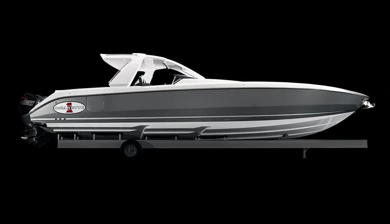 Slide: The Image of 2025 Cigarette 42 Auroris speedboat on trailer, side view against black background. - 4