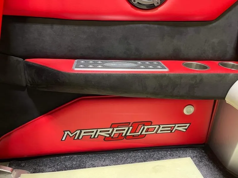 Slide: The Image of Interior of a 2016 Cigarette 50' Marauder boat with red and black accents. - 21