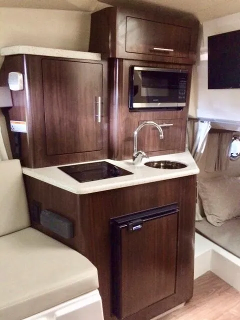 Slide: The Image of 2018 Regal 28 Express boat interior kitchen with microwave, sink, and dark wood cabinetry. - 10