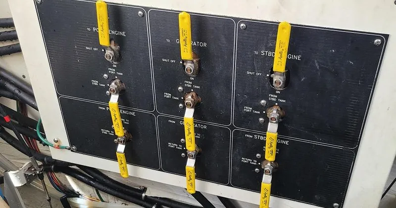 Slide: The Image of Control panel of a 1999 Bayliner 4085 Avanti boat with labeled switches. - 16