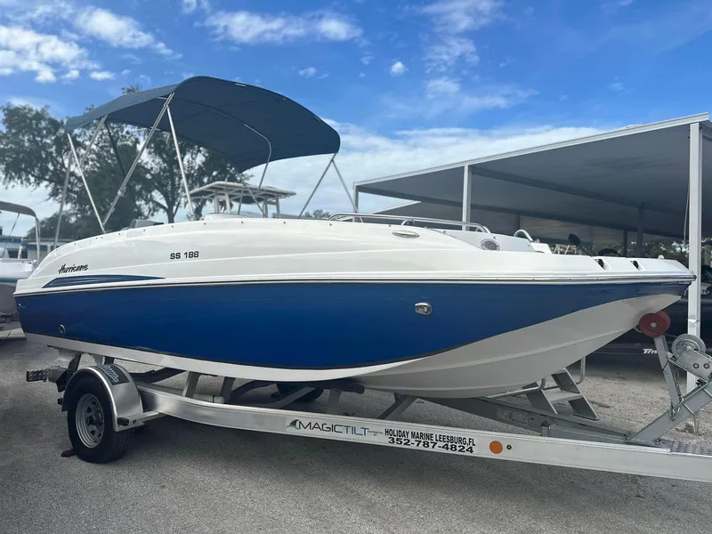 The Image of 2023 Hurricane 188 boat on trailer with blue and white hull under a blue sky. - 0
