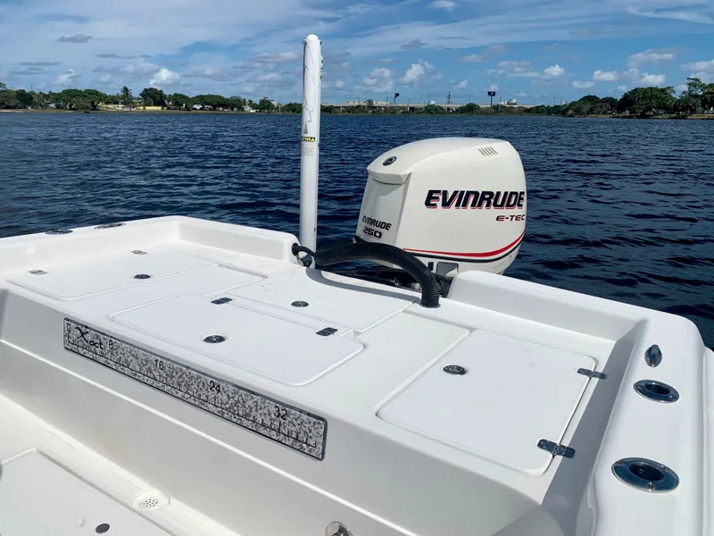 Slide: The Image of ShearWater z2400 boat (2005) with Evinrude E-TEC engine on a calm lake. - 24