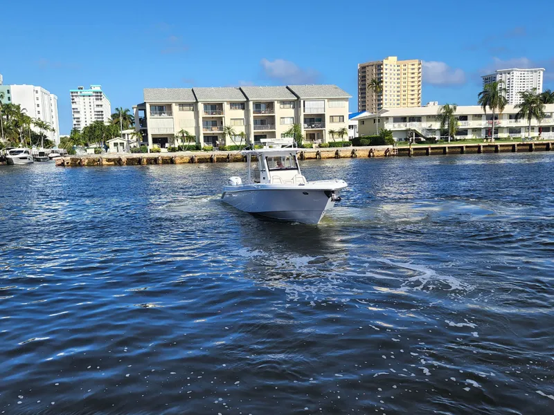 Slide: The Image of 2019 Everglades 365 boat cruising on a sunny day near waterfront buildings. - 11