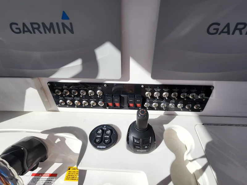 Slide: The Image of Control panel of a 2019 Everglades 365 boat with Garmin navigation system. - 21