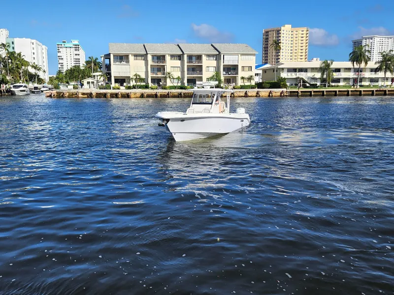 Slide: The Image of 2019 Everglades 365 boat cruising on a sunny day near waterfront buildings. - 5