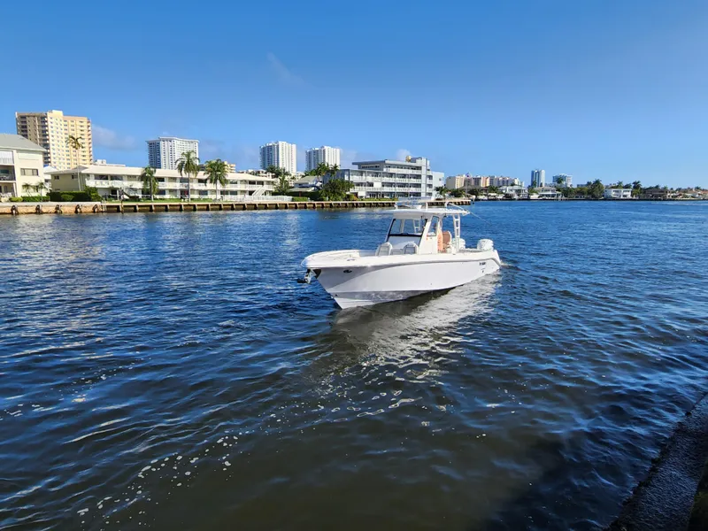 Slide: The Image of 2019 Everglades 365 boat cruising near waterfront buildings on a sunny day. - 8