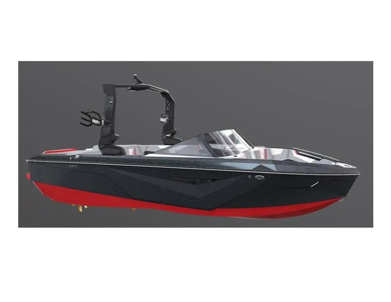 Slide: The Image of 2022 Nautique Super Air Nautique S23 boat, sleek design, black and red color scheme. - 13