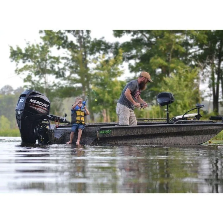 Slide: The Image of Father and child fishing on a 2022 Havoc 1860 Dbst boat in a serene lake. - 10