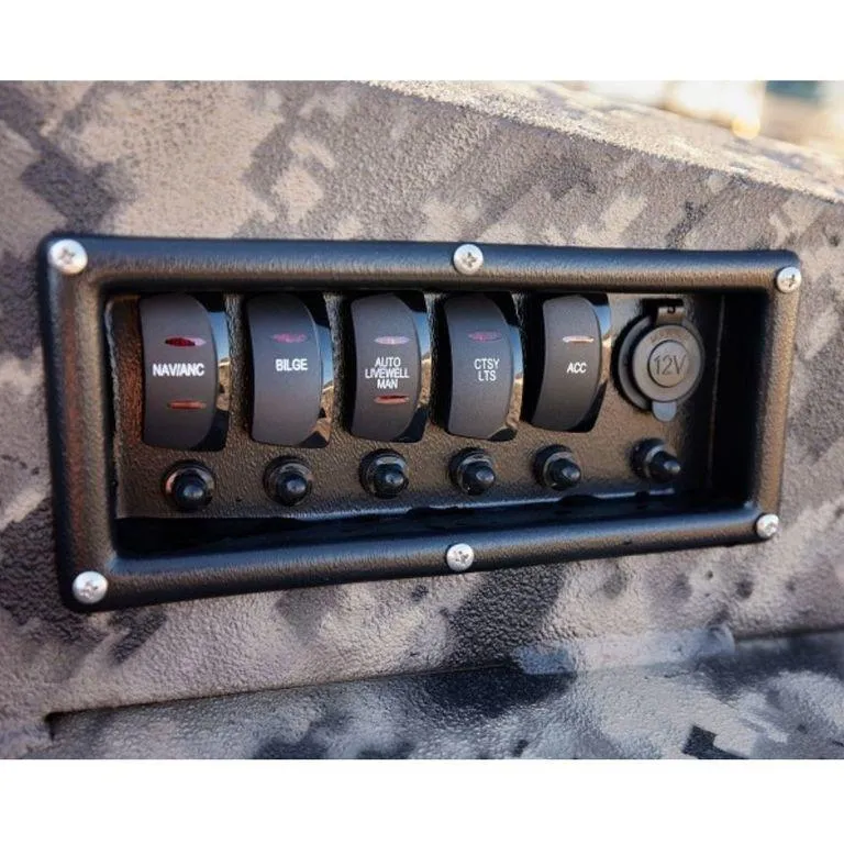 Slide: The Image of Control panel of 2022 Havoc 1860 Dbst boat with switches and 12V outlet. - 9