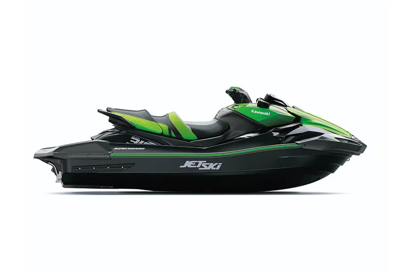 Slide: The Image of 2022 Kawasaki Ultra 310LX-S jet ski, green and black design, side view. - 4