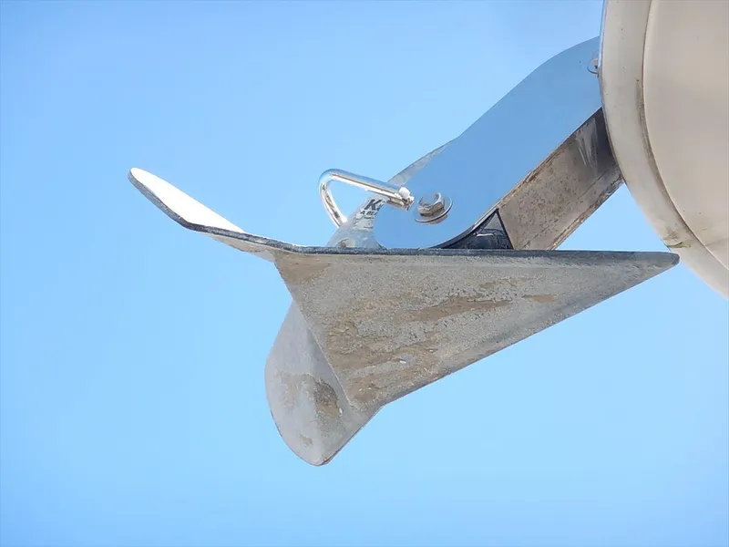 Slide: The Image of Close-up of anchor on 2007 Sea Ray 44 Sundancer boat against blue sky. - 10