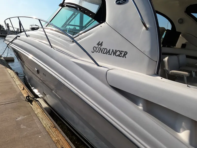 Slide: The Image of 2007 Sea Ray 44 Sundancer yacht docked at marina. - 5