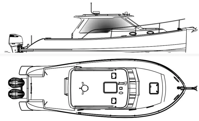 Slide: The Image of Line drawing of 2023 True North 34 Outboard Express boat, side and top views. - 11