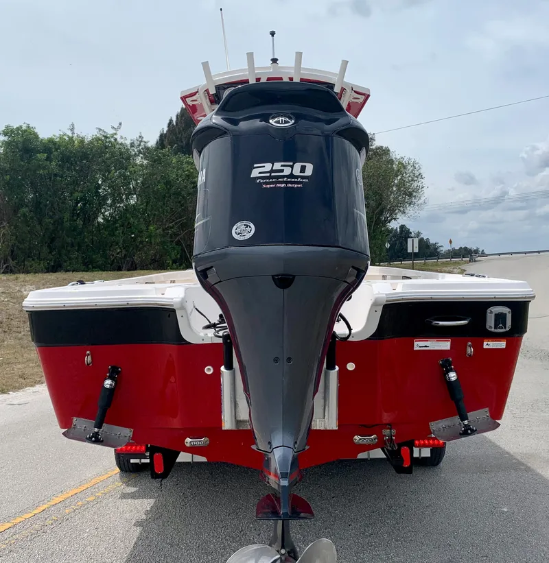 Slide: The Image of 2019 Wellcraft 241 Bay boat with a 250 horsepower engine, rear view. - 15