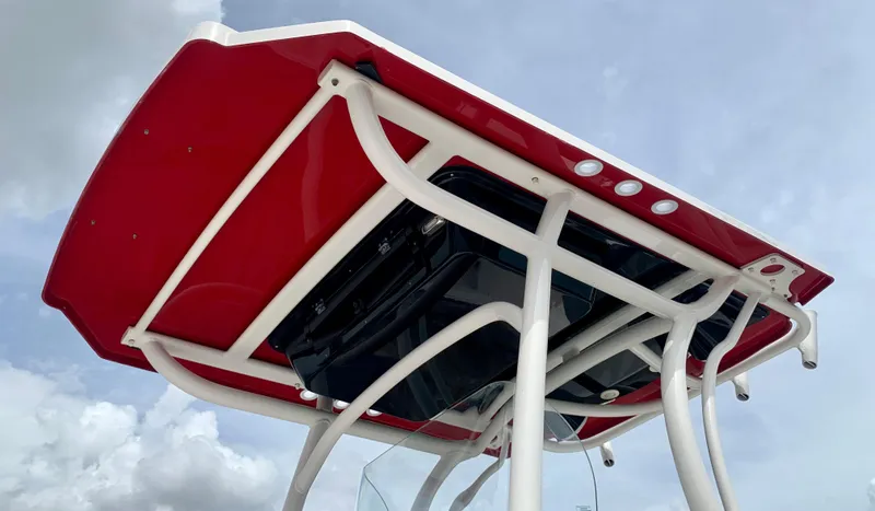 Slide: The Image of 2019 Wellcraft 241 Bay boat with red T-top against cloudy sky. - 21
