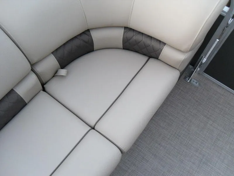 Slide: The Image of 2023 Sun Tracker PARTY BARGE® 22 XP3 seating area with beige and black upholstery. - 17