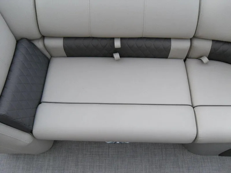 Slide: The Image of 2023 Sun Tracker PARTY BARGE® 22 XP3 boat seating, gray and black upholstery. - 19
