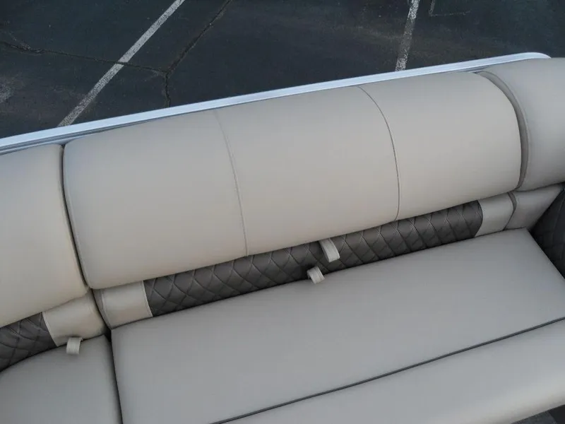Slide: The Image of Sun Tracker PARTY BARGE® 22 XP3 2023 boat seating with beige and gray upholstery. - 20