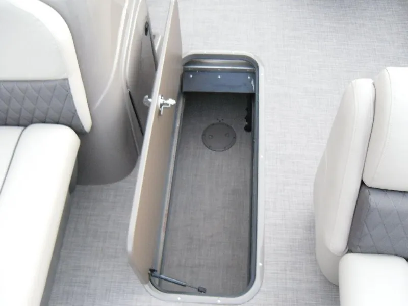 Slide: The Image of 2023 Sun Tracker PARTY BARGE® 22 XP3 storage compartment with open hatch. - 25