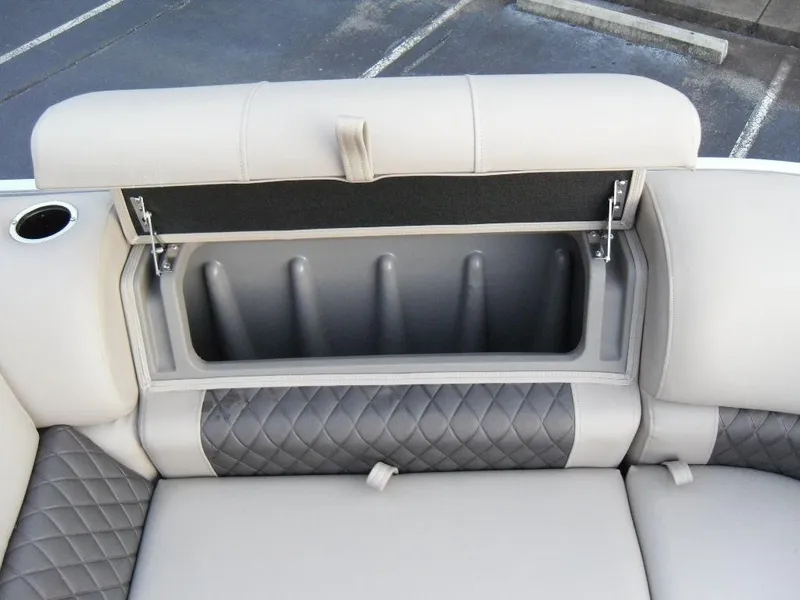 Slide: The Image of 2023 Sun Tracker PARTY BARGE® 22 XP3 storage compartment with cushioned seating. - 40