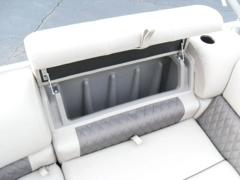 Slide: The Image of 2023 Sun Tracker PARTY BARGE® 22 XP3 storage compartment with cushioned seating. - 46