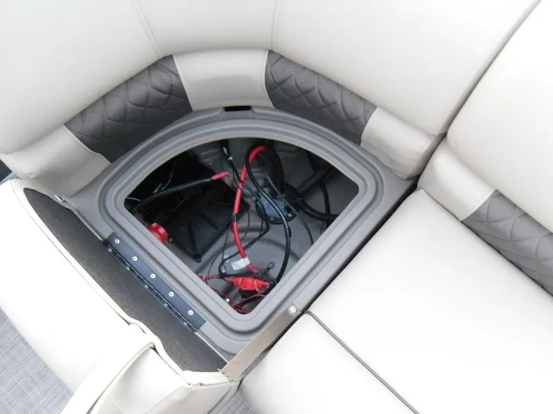 Slide: The Image of Sun Tracker PARTY BARGE® 22 XP3 2023 under-seat storage compartment with wiring. - 47