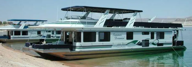 Slide: The Image of 2001 Stardust Cruisers Summer Dreamin' houseboats docked on a serene lake. - 48