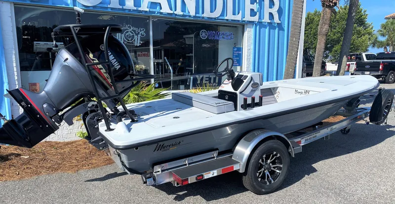 The Image of 2024 Maverick 17 HPX-V boat on a trailer outside a dealership. - 0