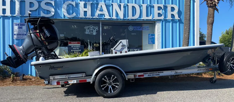 Slide: The Image of 2024 Maverick 17 HPX-V boat on trailer outside dealership. - 13