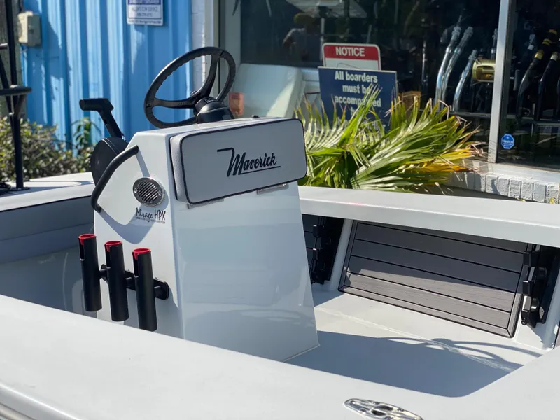 Slide: The Image of 2024 Maverick 17 HPX-V boat console and seating area. - 2