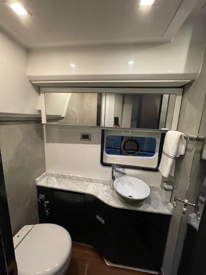 Slide: The Image of Luxurious bathroom in 2025 Schaefer 510 GT yacht with modern fixtures and elegant design. - 27