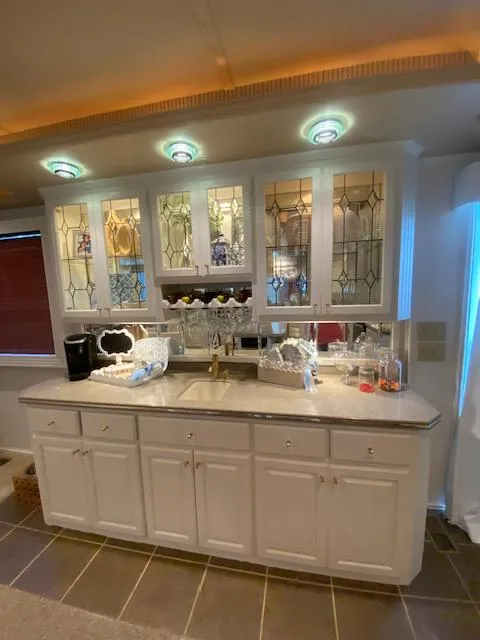 Slide: The Image of Luxurious 2006 Fantasy houseboat kitchen with stained glass cabinets and modern lighting. - 15