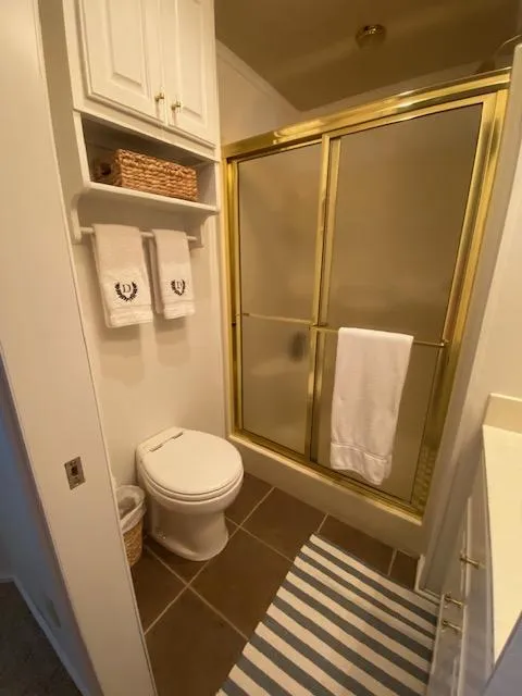Slide: The Image of Compact bathroom in a 2006 Fantasy houseboat with gold-framed shower and modern decor. - 25