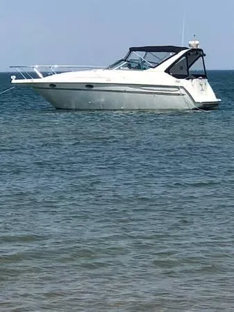 Slide: The Image of 1997 Maxum SCR3000 boat anchored in calm sea. - 15