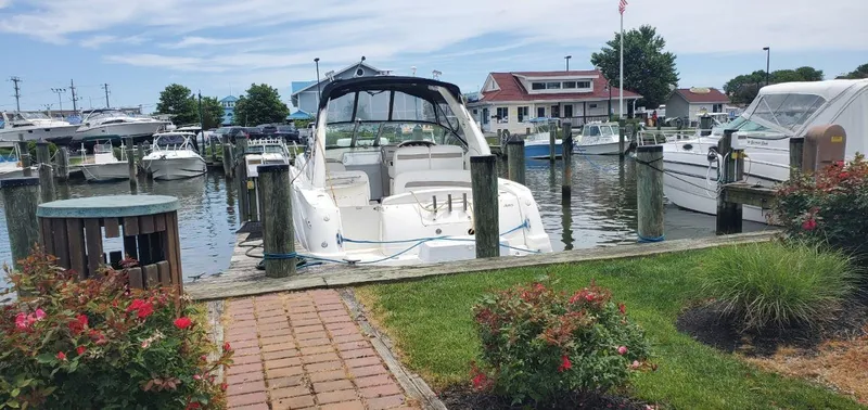 Slide: The Image of 2005 Sea Ray 320 Sundancer docked at a marina with surrounding boats and flowers. - 5