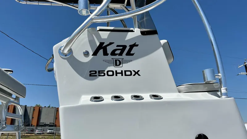 Slide: The Image of 2023 Dargel KAT 250 DX boat, close-up of model name and details. - 11