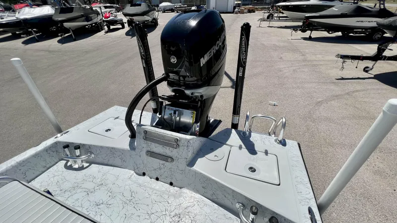 Slide: The Image of 2023 Dargel KAT 250 DX boat with Mercury outboard motor in a marina. - 24