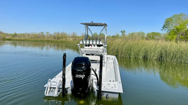 Slide: The Image of 2023 Dargel KAT 250 DX boat on calm water with reeds in the background. - 37