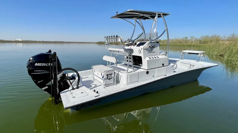 Slide: The Image of 2023 Dargel KAT 250 DX boat on calm water with Mercury outboard motor. - 40
