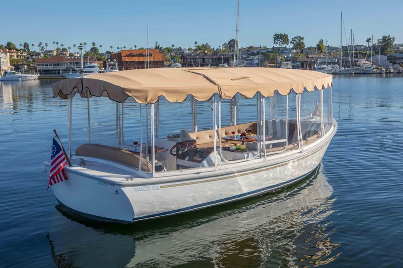 Slide: The Image of 2026 Duffy Bay Island boat with canopy, docked in a serene marina setting. - 11