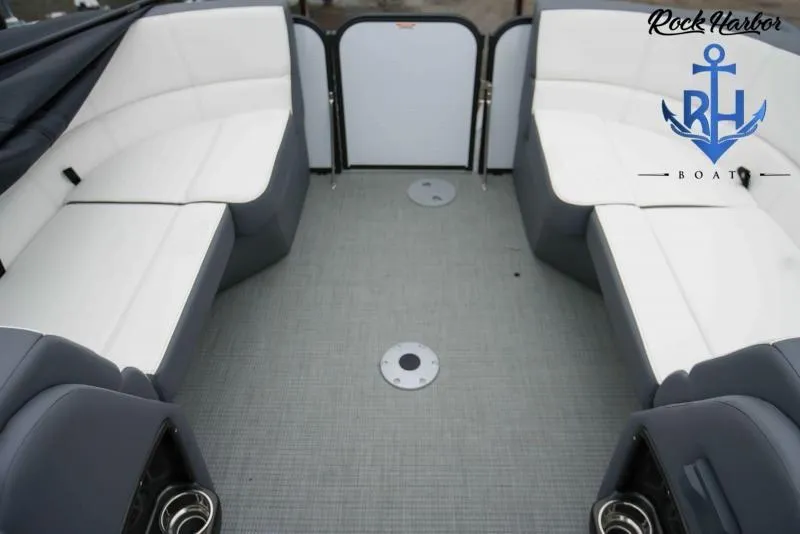 Slide: The Image of Interior of 2022 Manitou RF 23 Aurora LE VP II pontoon boat with white seating. - 3