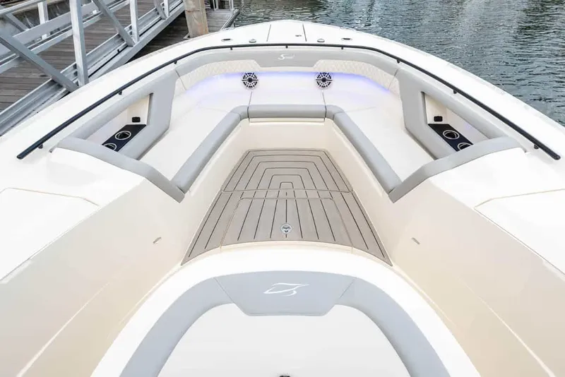 Slide: The Image of Interior view of the 2026 Scout 377 LXF boat deck. - 10