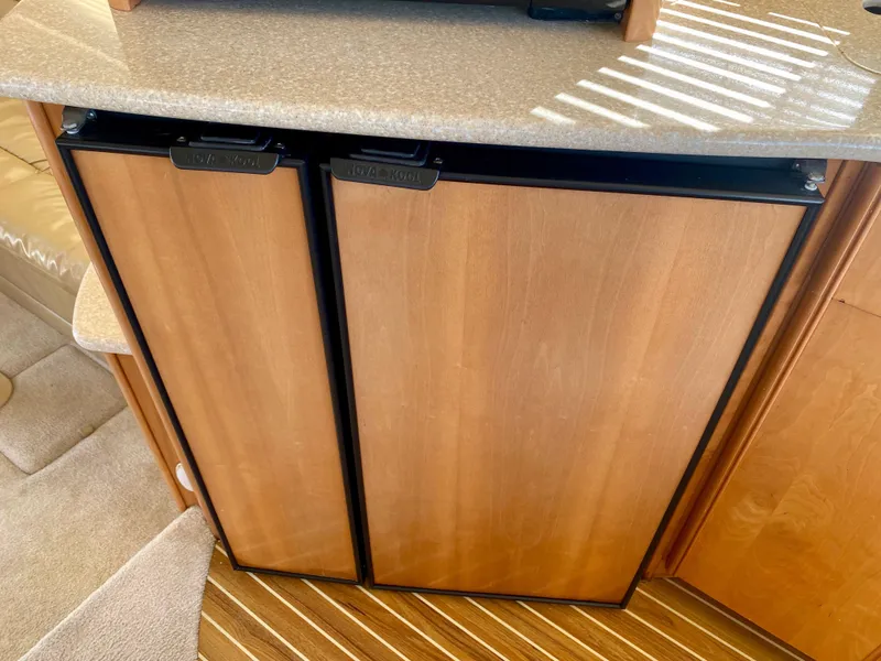 Slide: The Image of The 2004 Meridian 411 Sedan's galley features a double wood-paneled refrigerator with carpeted flooring. - 14