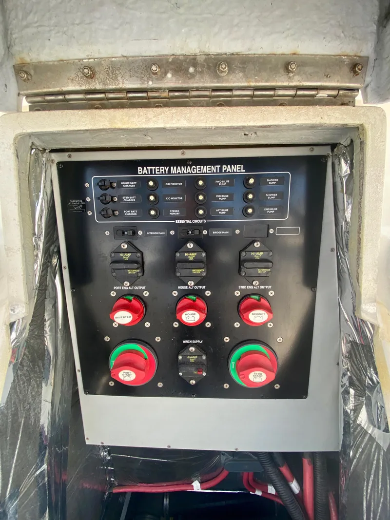 Slide: The Image of Battery management panel with multiple switches and indicators inside a boat. - 39