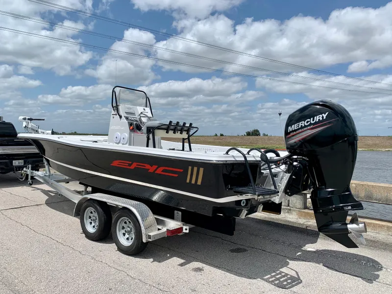 Slide: The Image of 2015 Epic 22SC Bay Boat with Mercury outboard motor on trailer. - 3