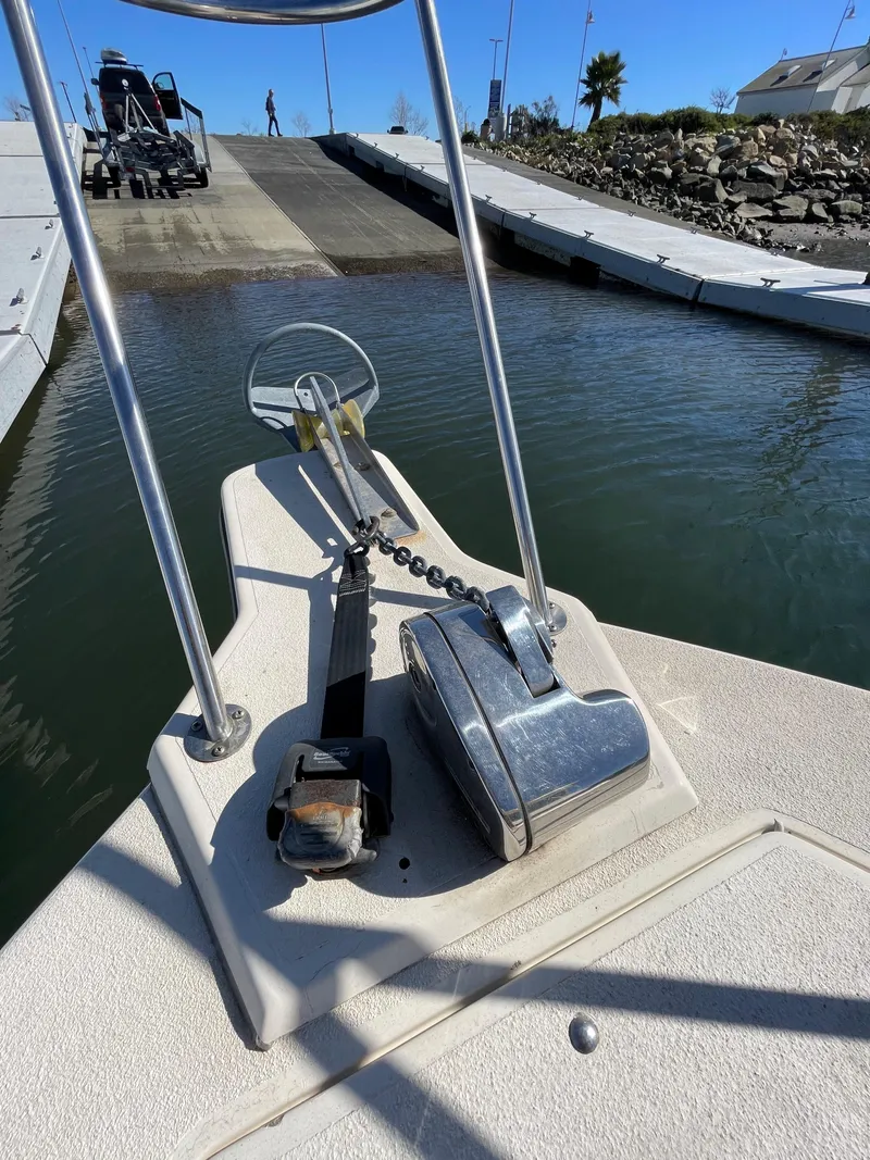 Slide: The Image of Bow of 1984 Farallon 25 Whaleback boat with anchor and windlass. - 14