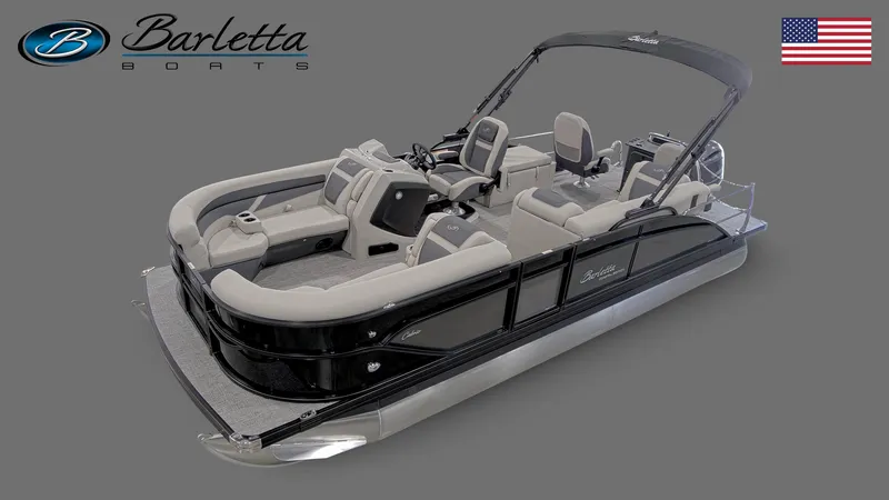 Slide: The Image of 2023 Barletta C22CC pontoon boat with sleek design and comfortable seating, featuring American flag. - 0