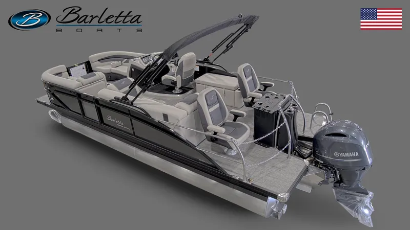 Slide: The Image of 2023 Barletta C22CC pontoon boat with Yamaha engine, featuring sleek design and comfortable seating. - 1